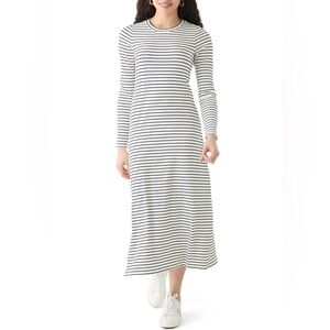Oak & Trellis Long Sleeve Crew Neck Dress W/Slit, Navy/Ivory Stripe, Med, NWT